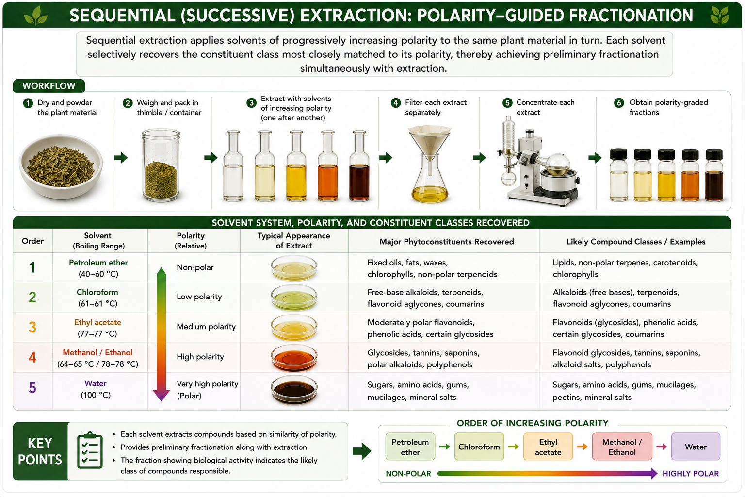 Sequential (successive) extraction: polarity-guided fractionation workflow and solvent system, polarity, and constituent classes recovered at each stage